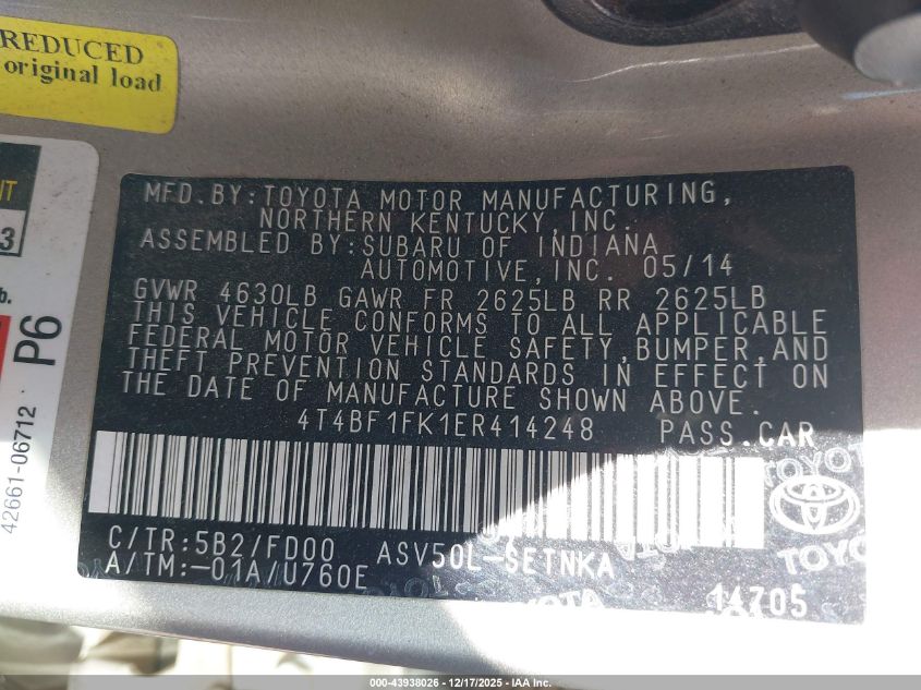 2014 Toyota Camry Le VIN: 4T4BF1FK1ER414248 Lot: 43938026
