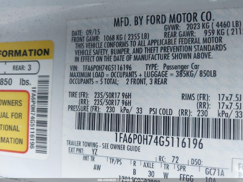 2016 Ford Fusion Se VIN: 1FA6P0H74G5116196 Lot: 43938029