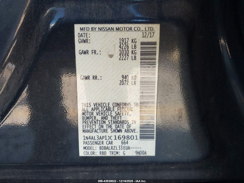 2018 Nissan Altima 2.5 Sl VIN: 1N4AL3AP1JC169801 Lot: 43938032