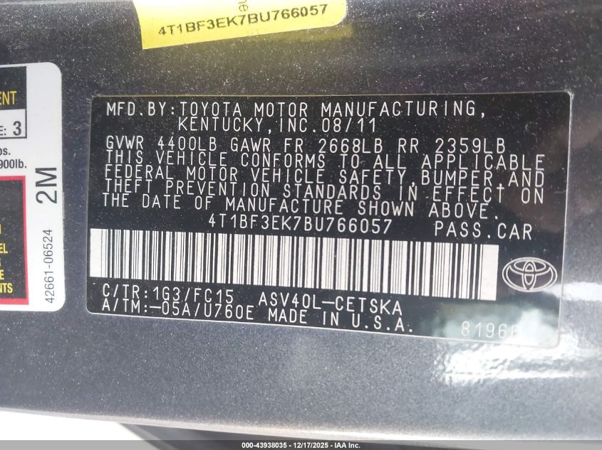2011 Toyota Camry Se VIN: 4T1BF3EK7BU766057 Lot: 43938035