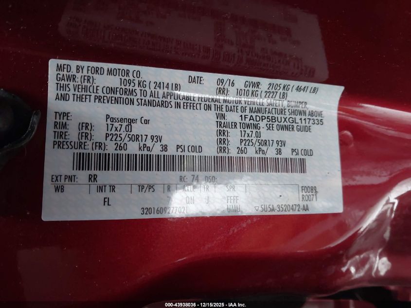 2016 Ford C-Max Hybrid Sel VIN: 1FADP5BUXGL117335 Lot: 43938036