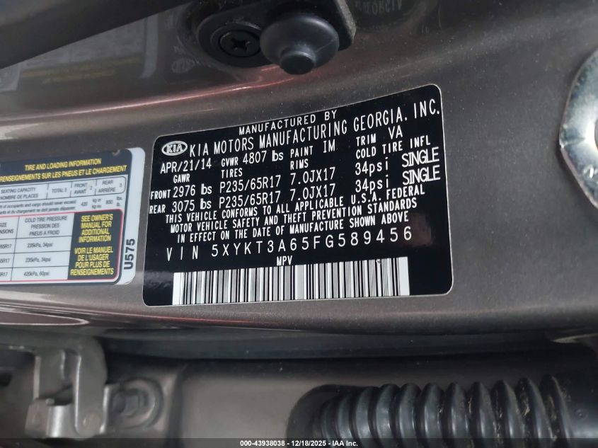 2015 Kia Sorento Lx VIN: 5XYKT3A65FG589456 Lot: 43938038