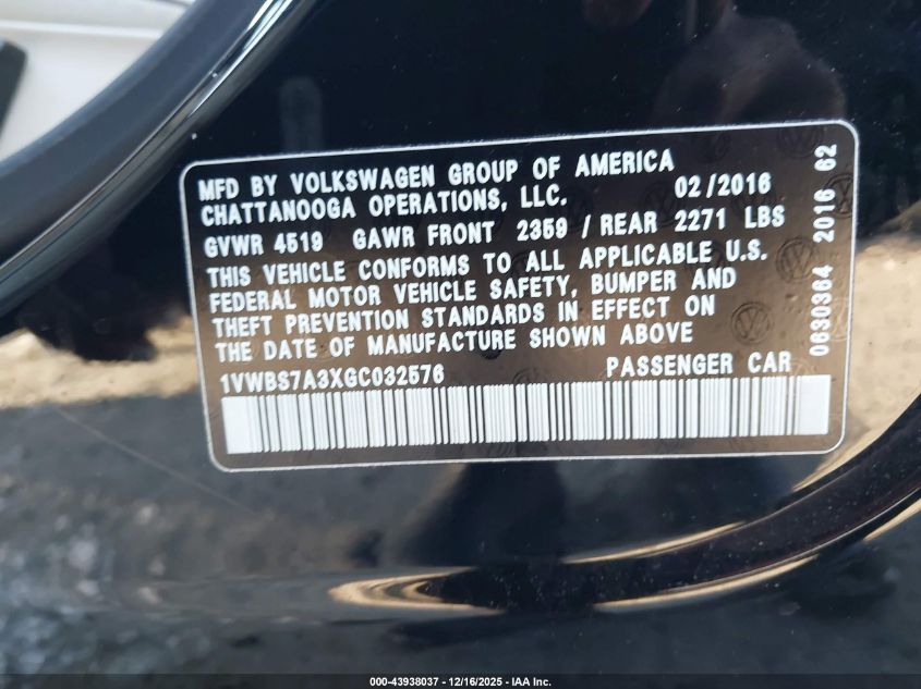 2016 Volkswagen Passat 1.8T Se VIN: 1VWBS7A3XGC032576 Lot: 43938037