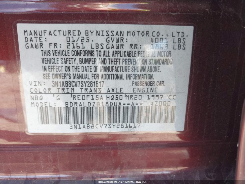 2025 Nissan Sentra Sv VIN: 3N1AB8CV7SY281617 Lot: 43938039