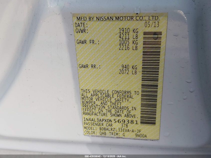 2013 Nissan Altima 2.5 S VIN: 1N4AL3APXDN569381 Lot: 43938040