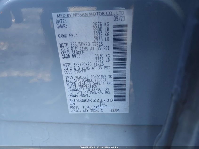 2022 Nissan Pathfinder Platinum 2Wd VIN: 5N1DR3DH1NC221780 Lot: 43938042