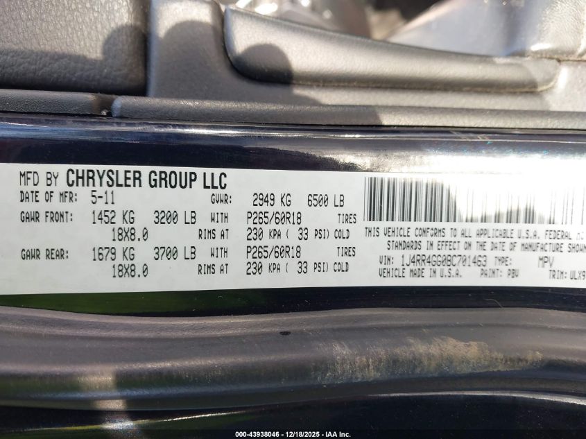 2011 Jeep Grand Cherokee Laredo VIN: 1J4RR4GG0BC701463 Lot: 43938046