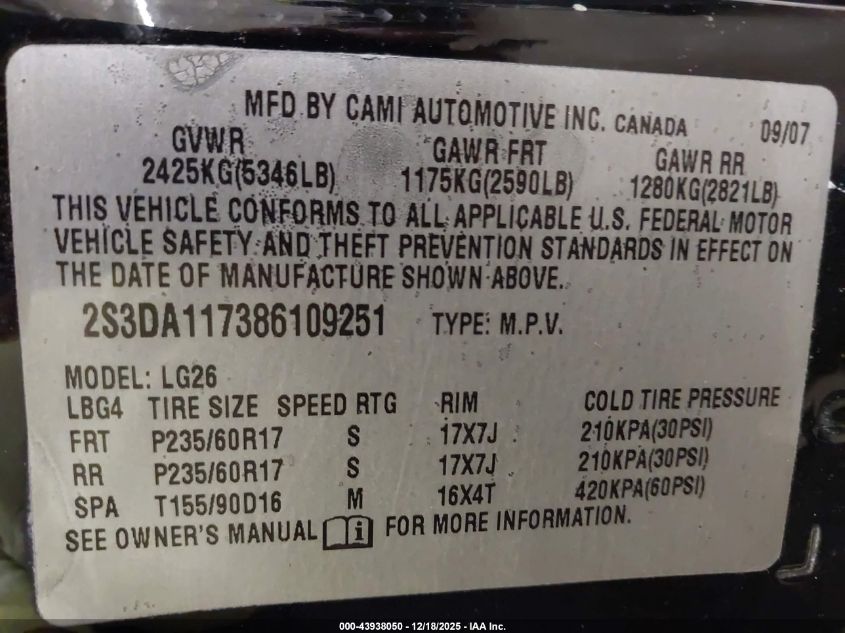 2008 Suzuki Xl7 Premium VIN: 2S3DA117386109251 Lot: 43938050