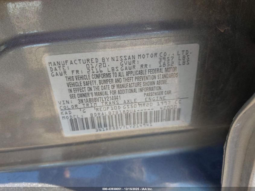 2020 Nissan Sentra S Xtronic Cvt VIN: 3N1AB8BV7LY214941 Lot: 43938051