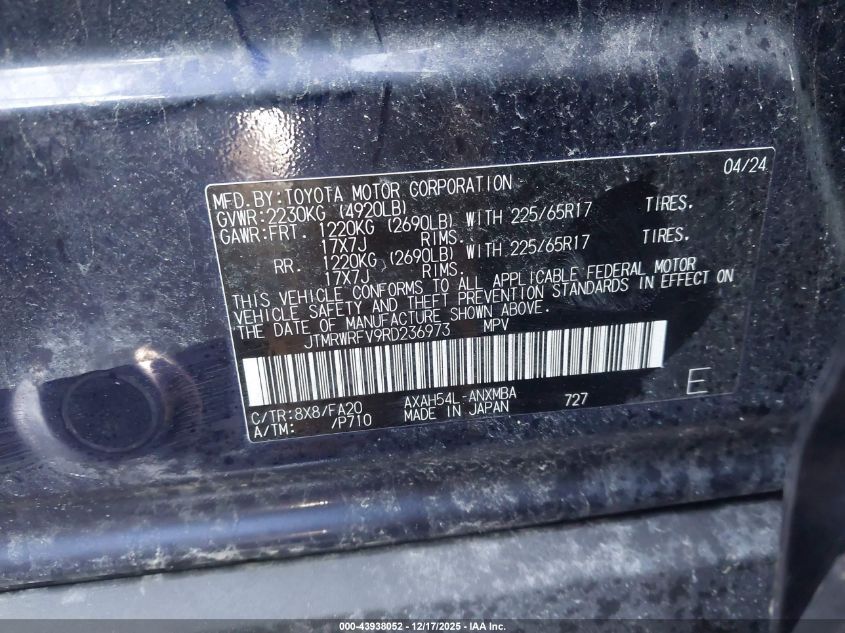 2024 Toyota Rav4 Hybrid Xle VIN: JTMRWRFV9RD236973 Lot: 43938052