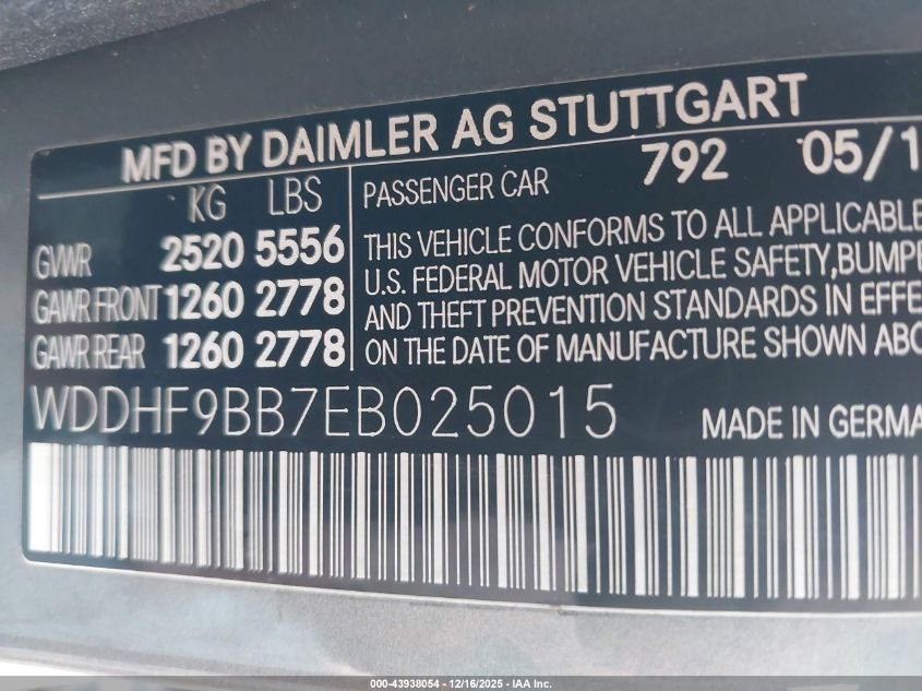 2014 Mercedes-Benz E 550 4Matic VIN: WDDHF9BB7EB025015 Lot: 43938054