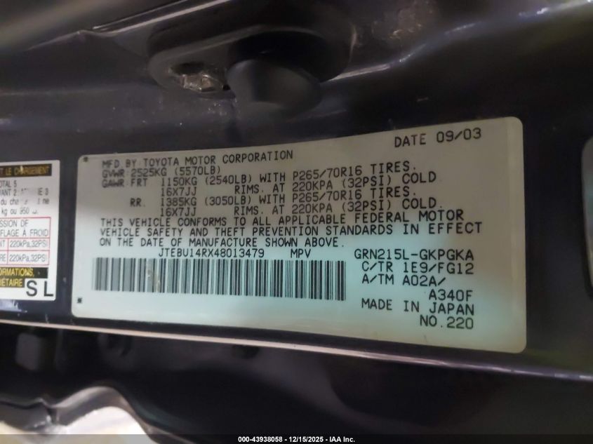 2004 Toyota 4Runner Sr5 V6 VIN: JTEBU14RX48013479 Lot: 43938058