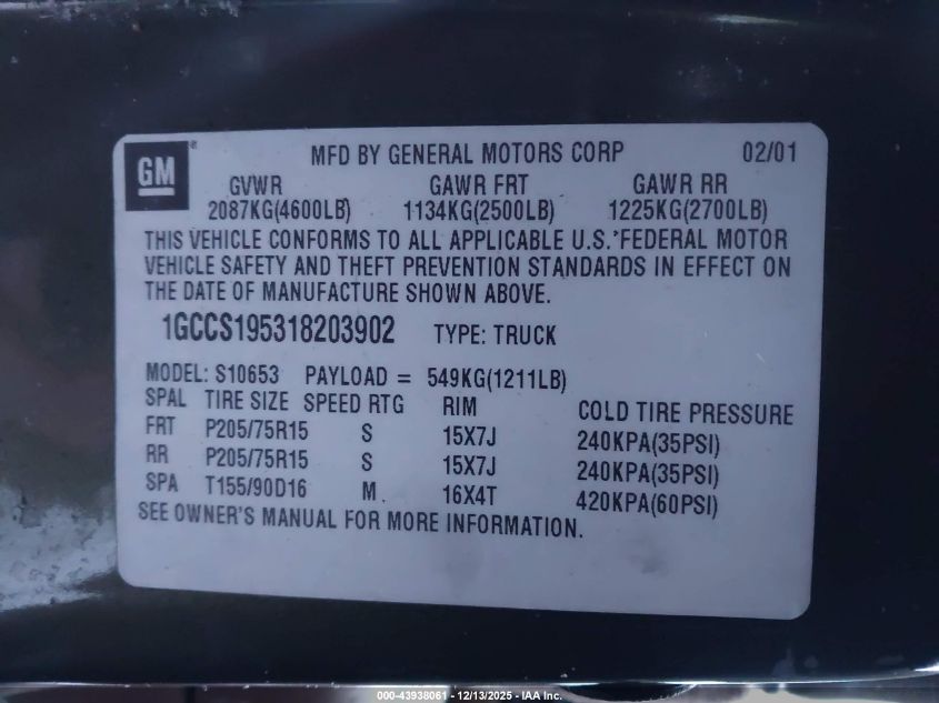 2001 Chevrolet S-10 Ls VIN: 1GCCS195318203902 Lot: 43938061