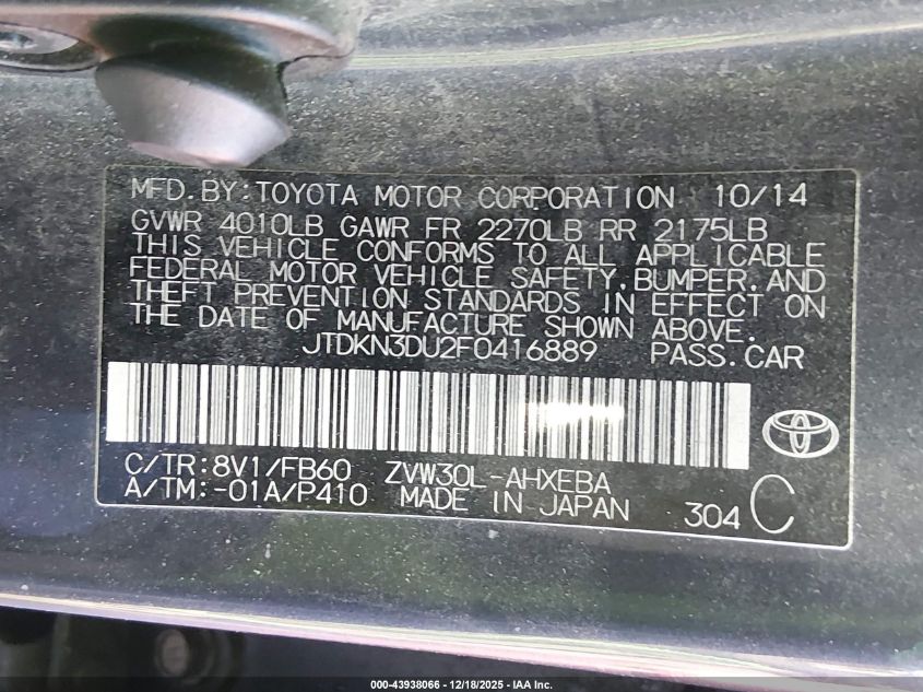 2015 Toyota Prius Two VIN: JTDKN3DU2F0416889 Lot: 43938066