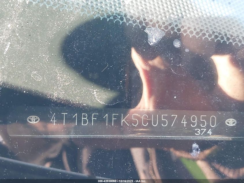 2012 Toyota Camry Le VIN: 4T1BF1FK5CU574950 Lot: 43938068