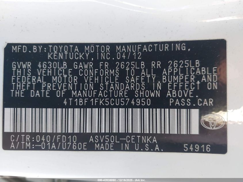 2012 Toyota Camry Le VIN: 4T1BF1FK5CU574950 Lot: 43938068