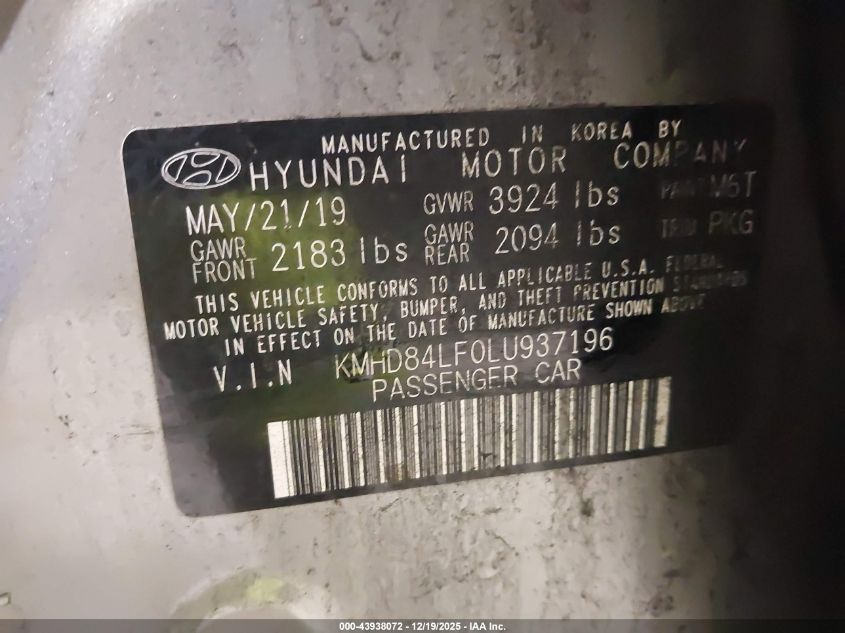 2020 Hyundai Elantra Sel VIN: KMHD84LF0LU937196 Lot: 43938072
