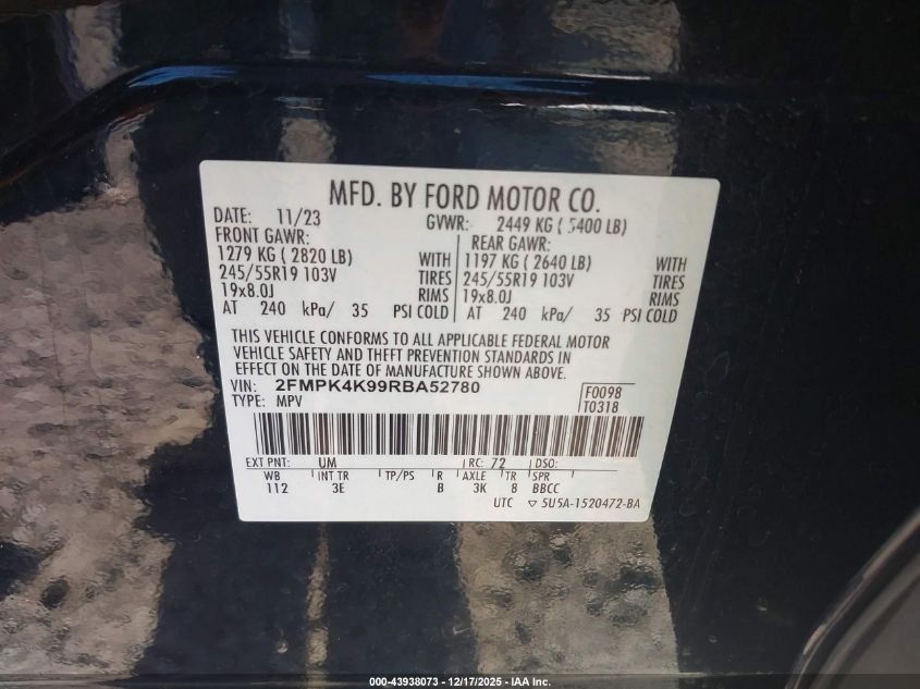 2024 Ford Edge Titanium VIN: 2FMPK4K99RBA52780 Lot: 43938073