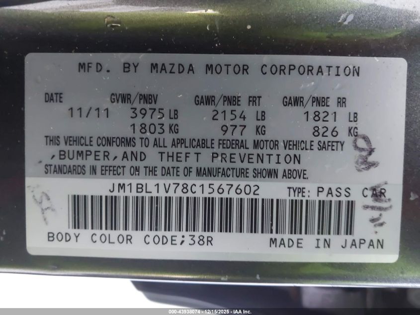 2012 Mazda Mazda3 I Touring VIN: JM1BL1V78C1567602 Lot: 43938074