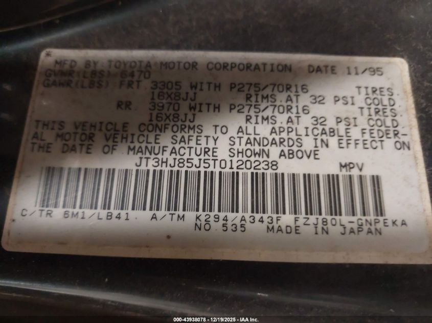 1996 Toyota Land Cruiser Hj85 VIN: JT3HJ85J5T0120238 Lot: 43938078