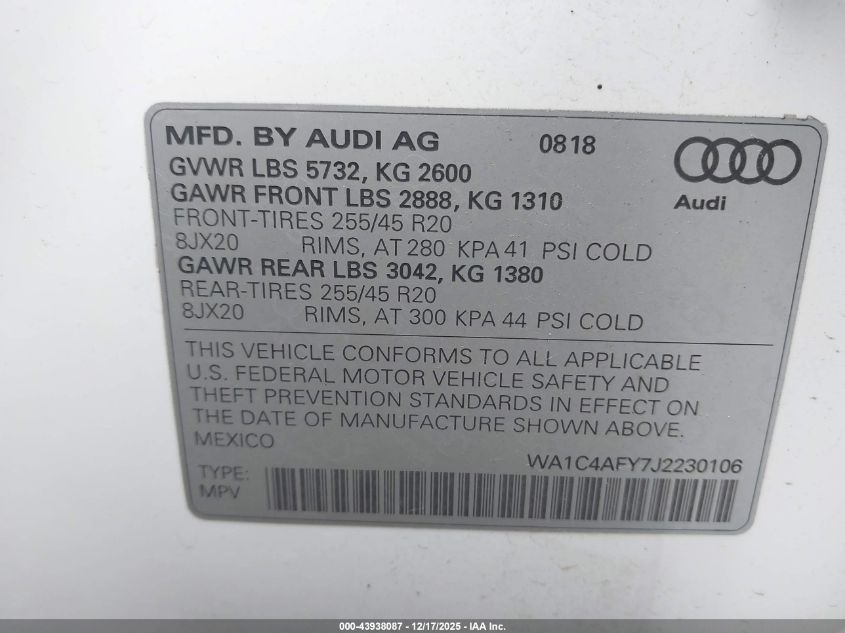 2018 Audi Sq5 3.0T Premium Plus VIN: WA1C4AFY7J2230106 Lot: 43938087