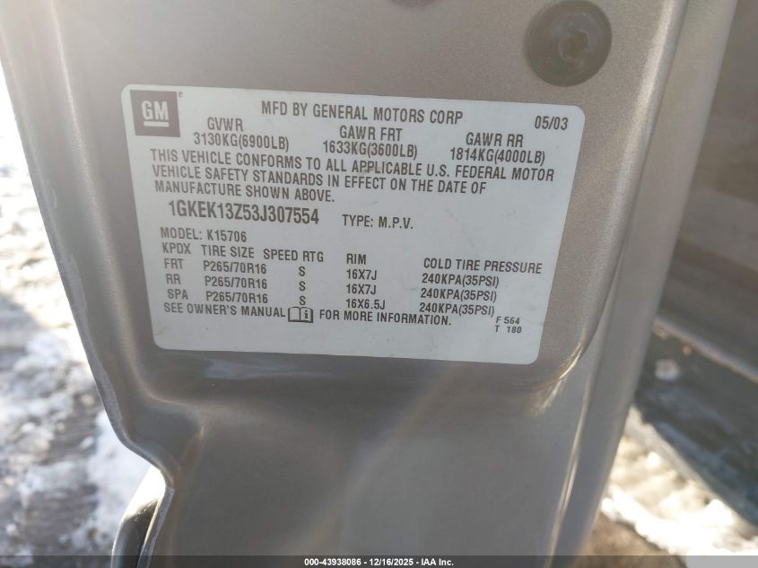 2003 GMC Yukon Slt VIN: 1GKEK13Z53J307554 Lot: 43938086