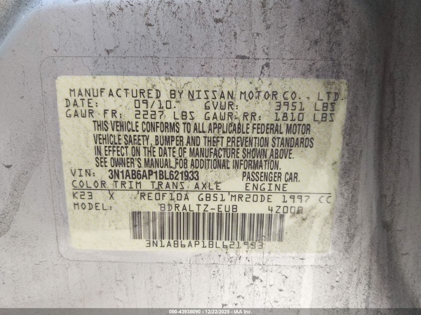2011 Nissan Sentra 2.0Sr VIN: 3N1AB6AP1BL621933 Lot: 43938090