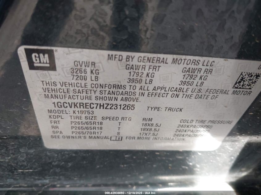 2017 Chevrolet Silverado 1500 1Lt VIN: 1GCVKREC7HZ231265 Lot: 43938093