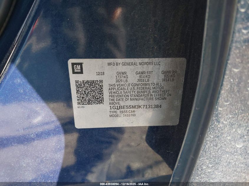 2019 Chevrolet Cruze Lt VIN: 1G1BE5SM3K7131384 Lot: 43938094