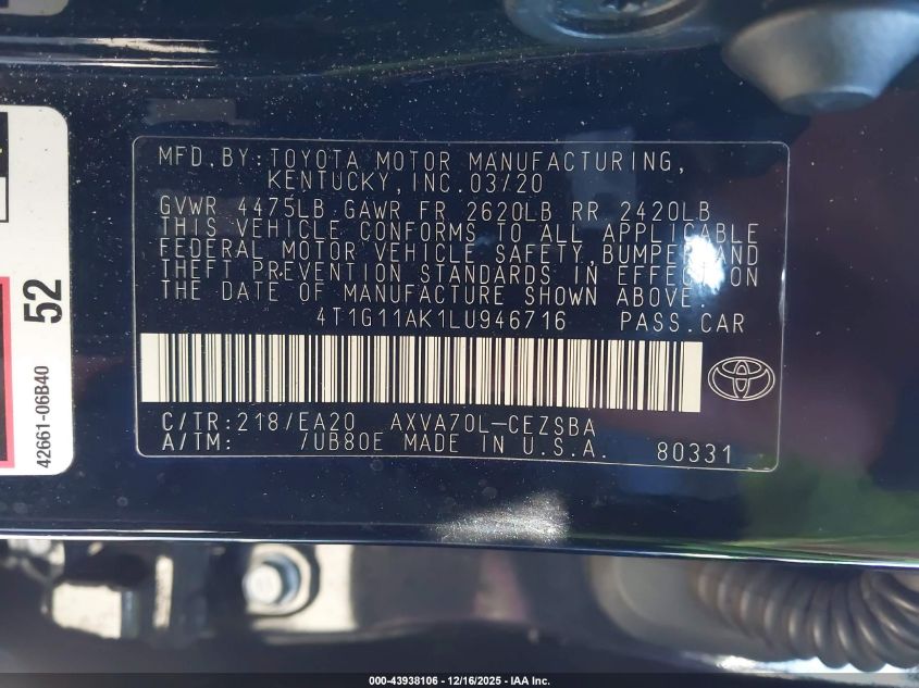 2020 Toyota Camry Se VIN: 4T1G11AK1LU946716 Lot: 43938106