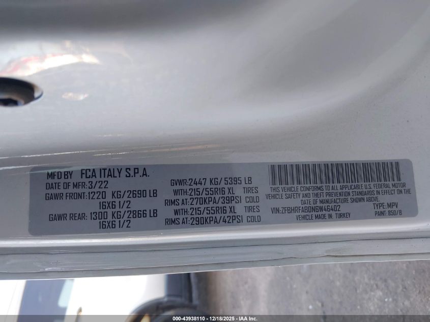 2022 Ram Promaster City Cargo Van VIN: ZFBHRFAB0N6W46402 Lot: 43938110