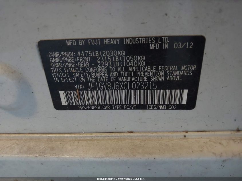2012 Subaru Impreza Wrx Sti VIN: JF1GV8J6XCL023215 Lot: 43938113