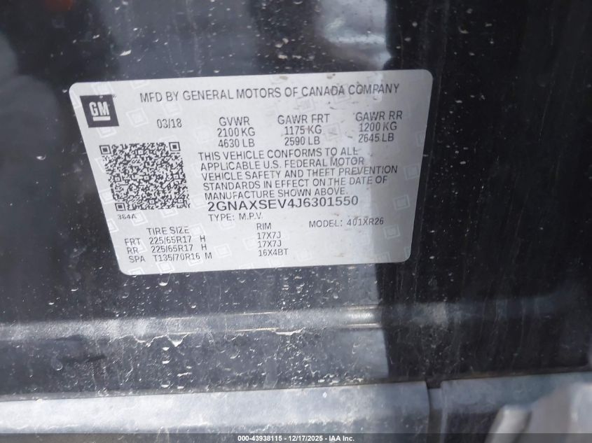 2018 Chevrolet Equinox Lt VIN: 2GNAXSEV4J6301550 Lot: 43938115