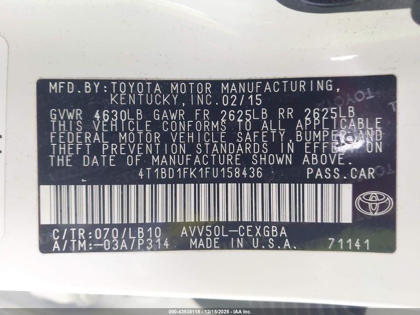 2015 Toyota Camry Hybrid Xle VIN: 4T1BD1FK1FU158436 Lot: 43938118