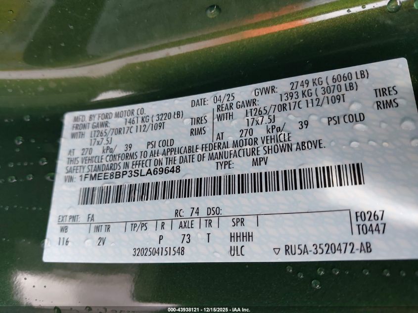2025 Ford Bronco Outer Banks VIN: 1FMEE8BP3SLA69648 Lot: 43938121