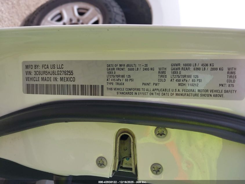2020 Ram 2500 Tradesman 4X4 8' Box VIN: 3C6UR5HJ6LG276255 Lot: 43938122