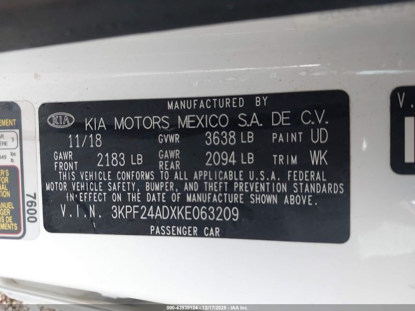 2019 Kia Forte Fe VIN: 3KPF24ADXKE063209 Lot: 43938124