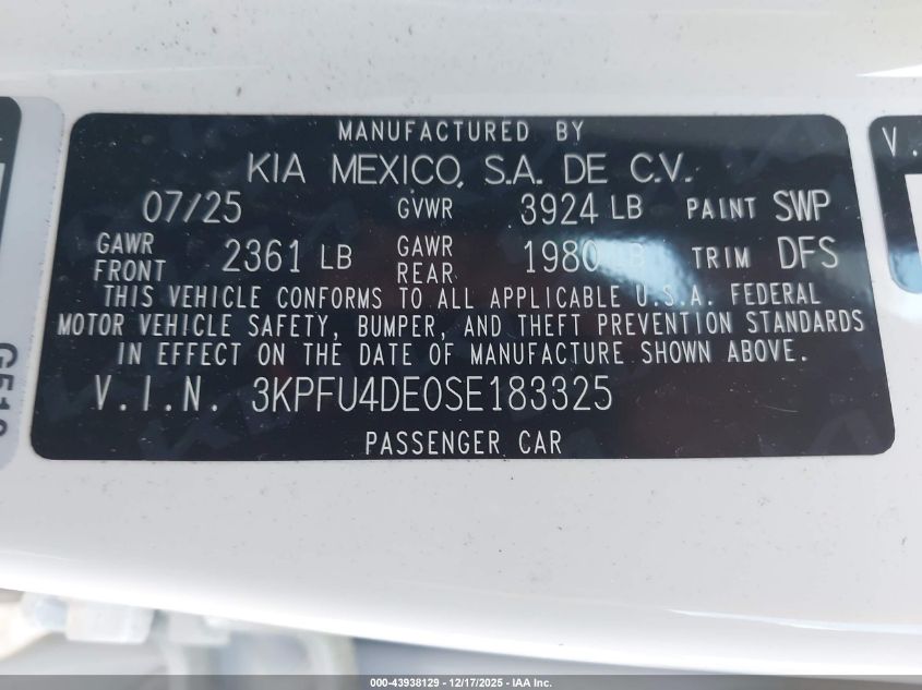 2025 Kia K4 Ex VIN: 3KPFU4DE0SE183325 Lot: 43938129