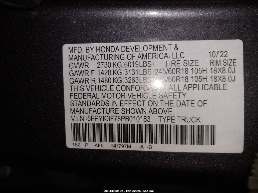2023 Honda Ridgeline Rtl-E VIN: 5FPYK3F78PB010183 Lot: 43938132