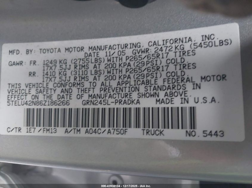 2006 Toyota Tacoma Base V6 VIN: 5TELU42N86Z186266 Lot: 43938134