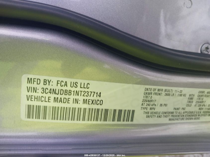 2022 Jeep Compass Latitude 4X4 VIN: 3C4NJDBB1NT237714 Lot: 43938137