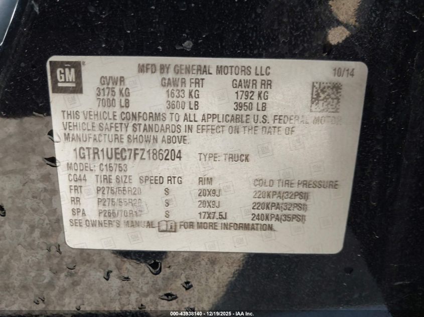 2015 GMC Sierra 1500 Sle VIN: 1GTR1UEC7FZ186204 Lot: 43938140