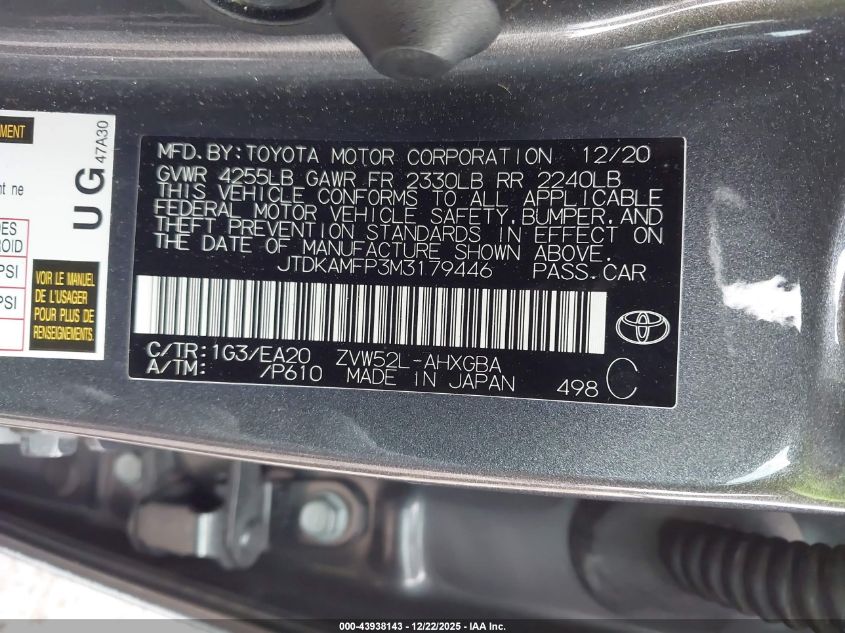 2021 Toyota Prius Prime Limited VIN: JTDKAMFP3M3179446 Lot: 43938143