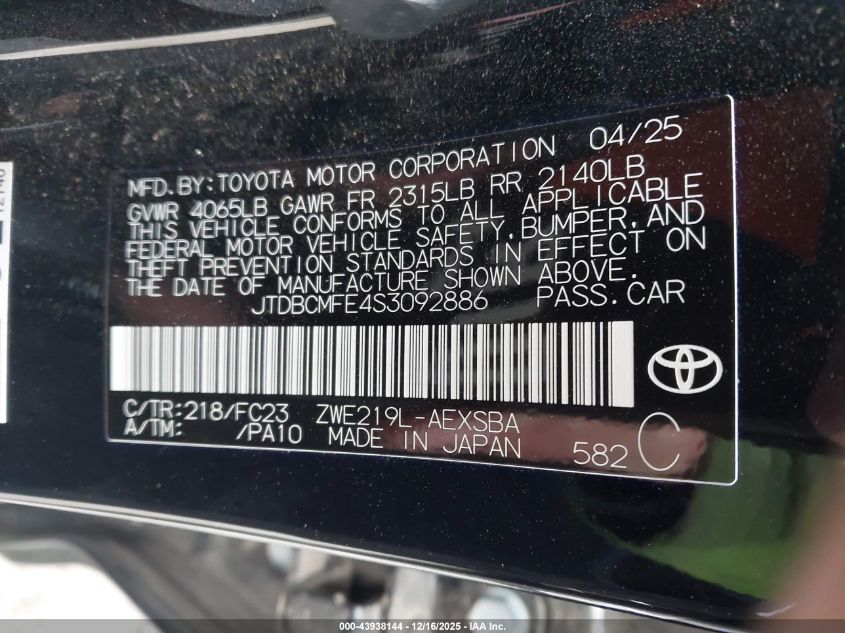 2025 Toyota Corolla Hybrid Se VIN: JTDBCMFE4S3092886 Lot: 43938144