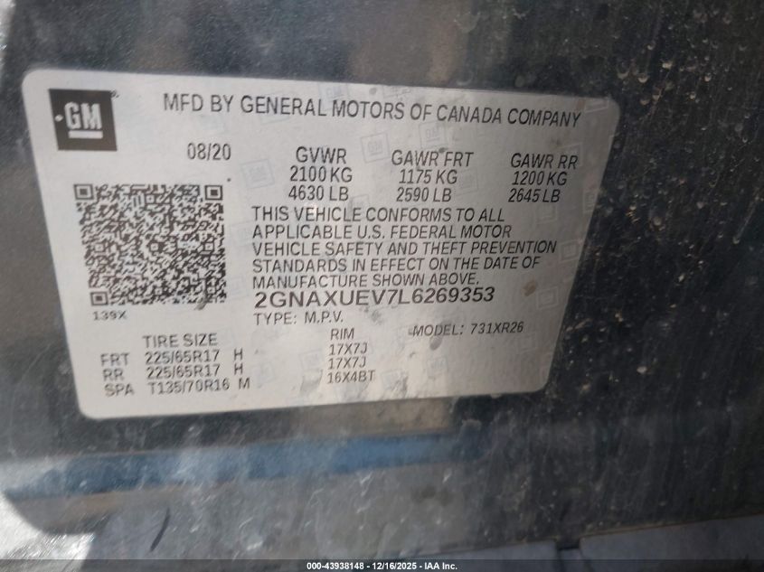 2020 Chevrolet Equinox Awd Lt 1.5L Turbo VIN: 2GNAXUEV7L6269353 Lot: 43938148