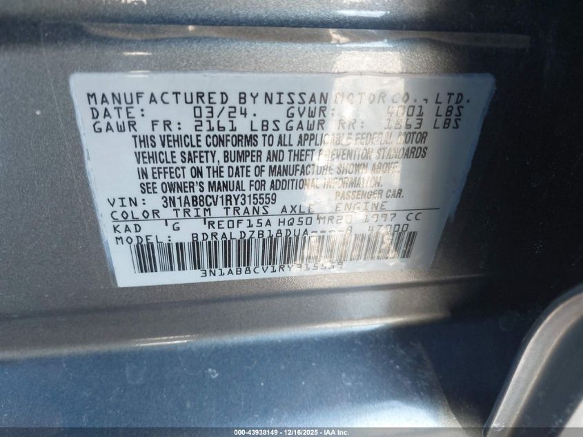 2024 Nissan Sentra Sv Xtronic Cvt VIN: 3N1AB8CV1RY315559 Lot: 43938149