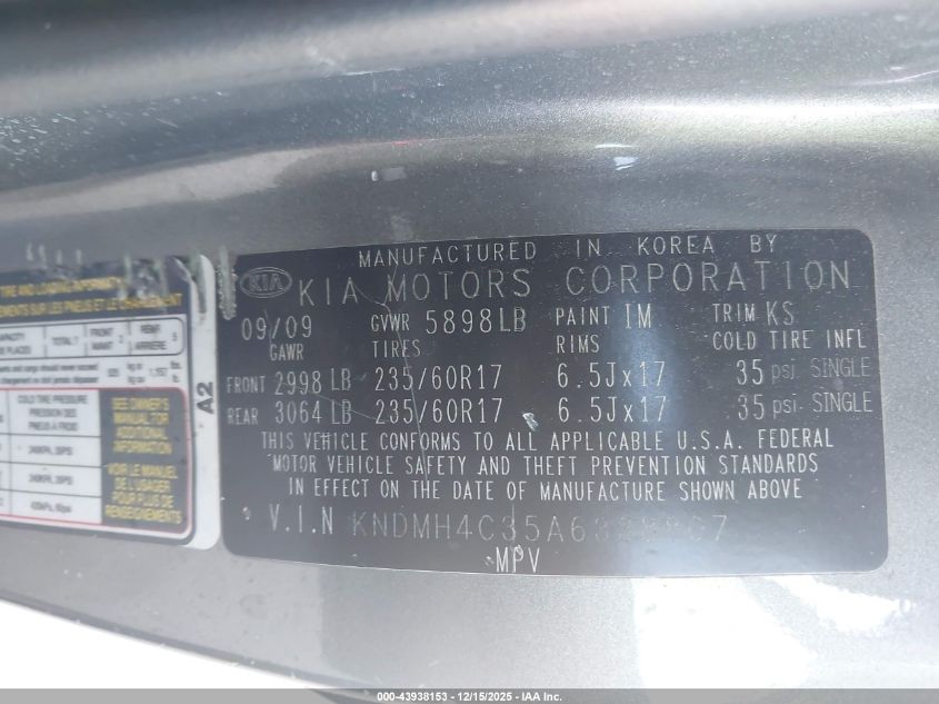 2010 Kia Sedona Ex VIN: KNDMH4C35A6338807 Lot: 43938153