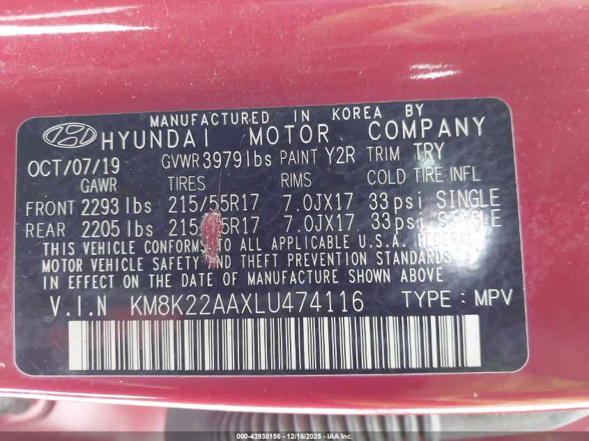 2020 Hyundai Kona Sel VIN: KM8K22AAXLU474116 Lot: 43938156