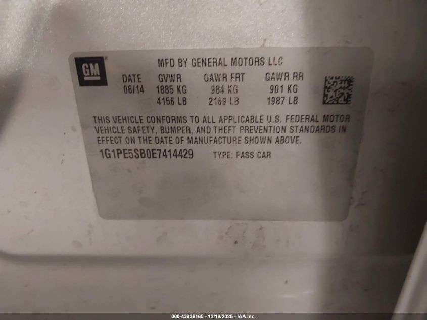 2014 Chevrolet Cruze 2Lt Auto VIN: 1G1PE5SB0E7414429 Lot: 43938165