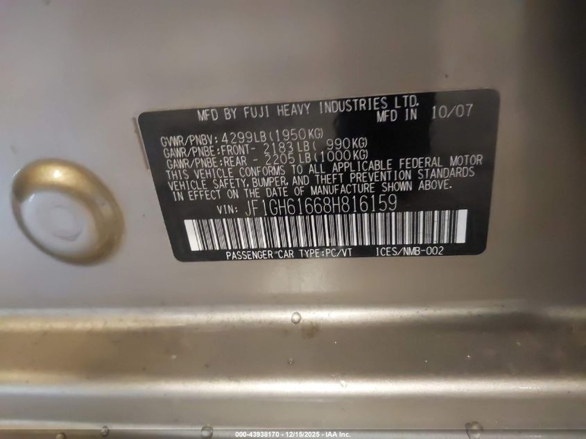 2008 Subaru Impreza 2.5I VIN: JF1GH61668H816159 Lot: 43938170